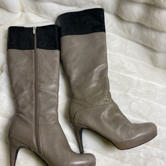 Marc Fisher Sashi leather taupe and black knee high platform boots Size 9M - Picture 1 of 10